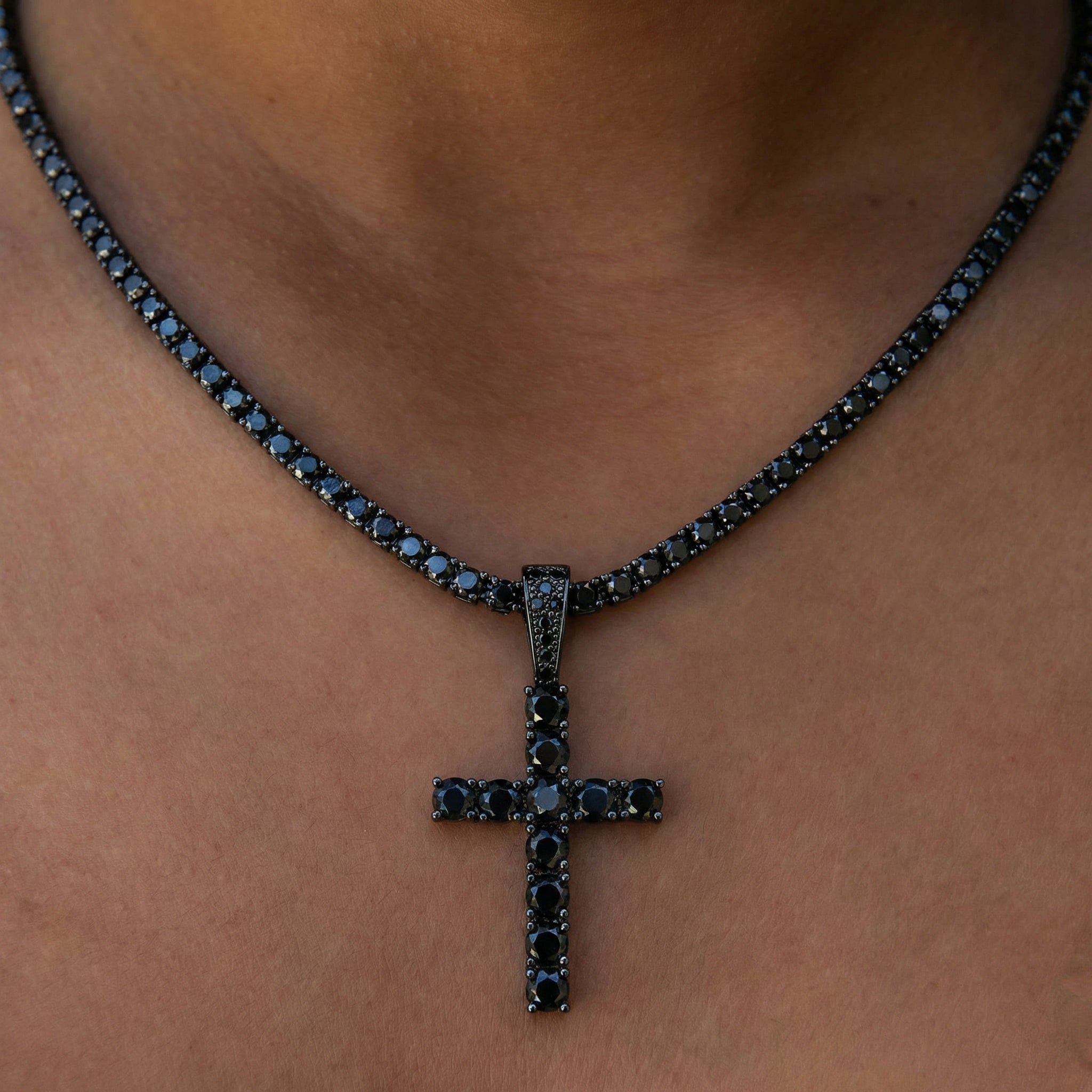 GLD Women Black Stone Diamond Cross Pendant in Black