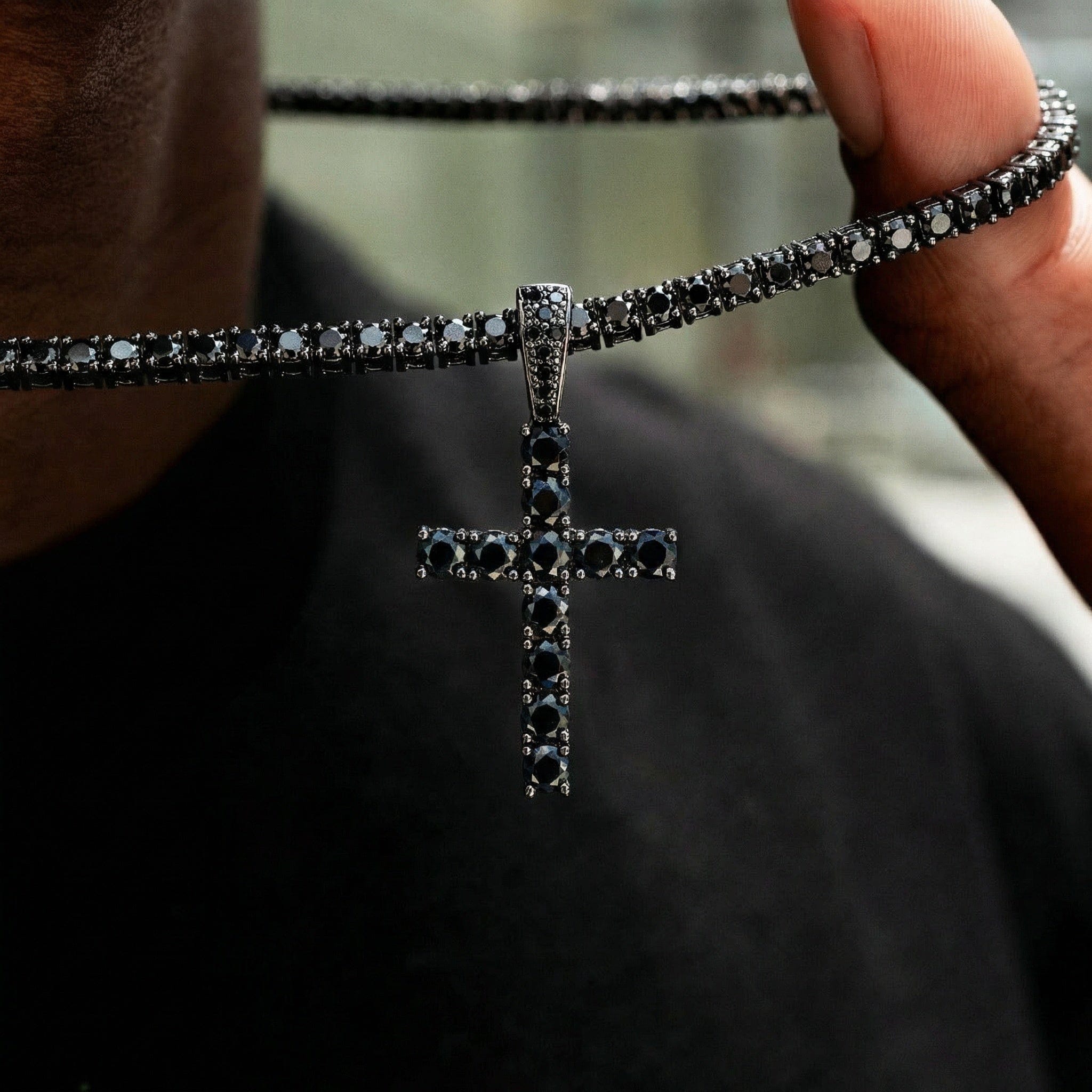 GLD Men Black Stone Diamond Cross Pendant in Black