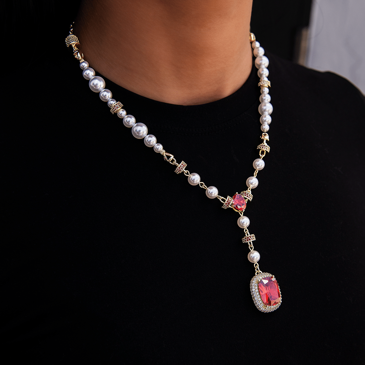 GLD Women Pearl Ruby Gemstone Lariat Necklace in Yellow Gold