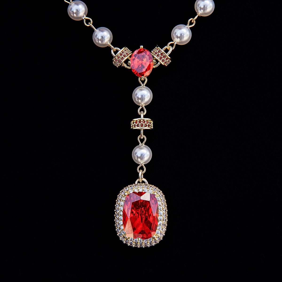GLD Women Pearl Ruby Gemstone Lariat Necklace in Yellow Gold