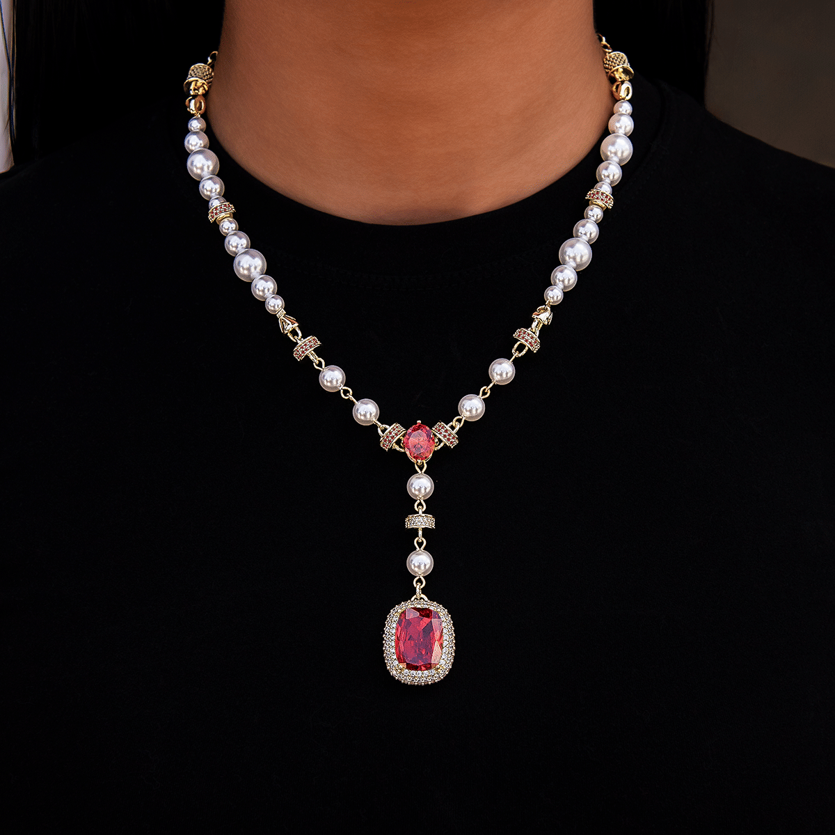 GLD Women Pearl Ruby Gemstone Lariat Necklace in Yellow Gold