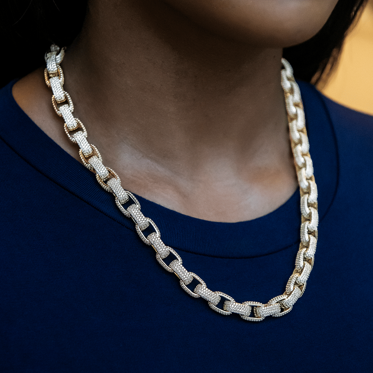 GLD Women Diamond Box Link Necklace in Yellow Gold - 9 mm