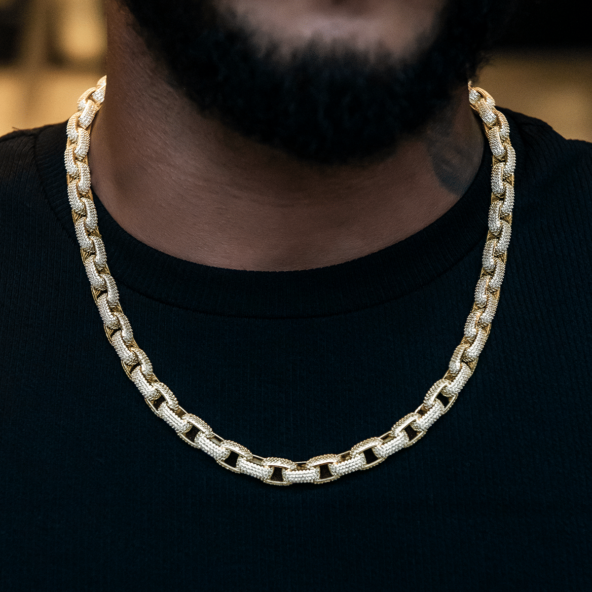 GLD Men Diamond Box Link Chain in Yellow Gold - 9 mm