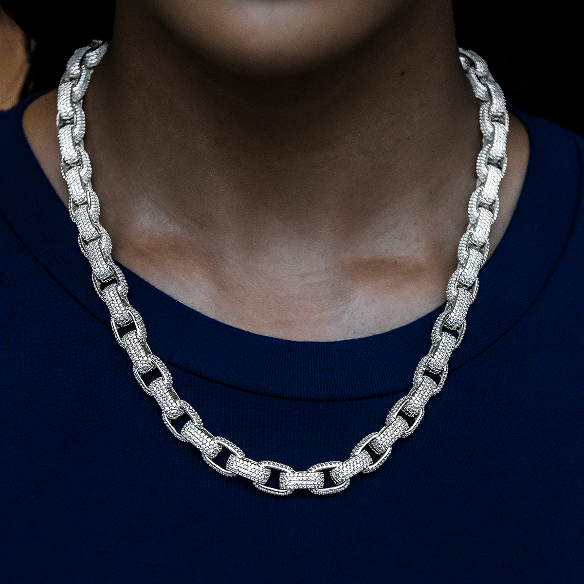 GLD Women Diamond Box Link Necklace in White Gold - 9 mm