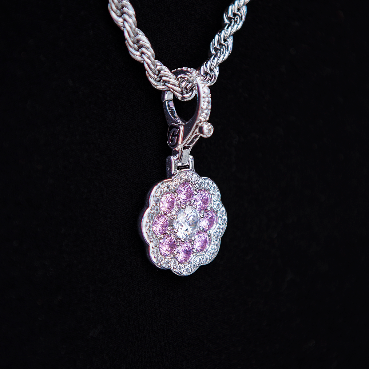 GLD Women Pink Flower Stone Clip On Pendant - White Gold