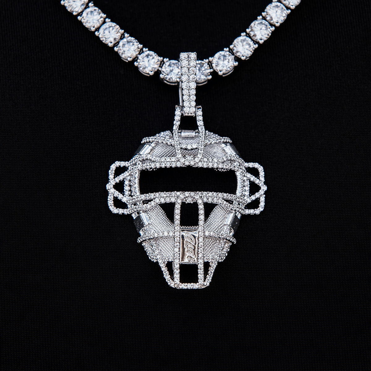 GLD Men Iced Catchers Mask Baseball Pendant in White Gold