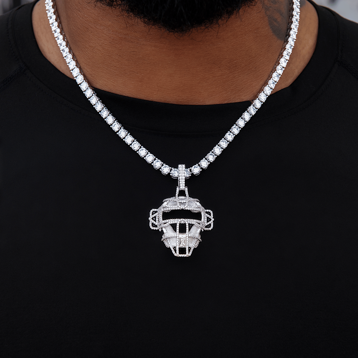 GLD Men Iced Catchers Mask Baseball Pendant in White Gold