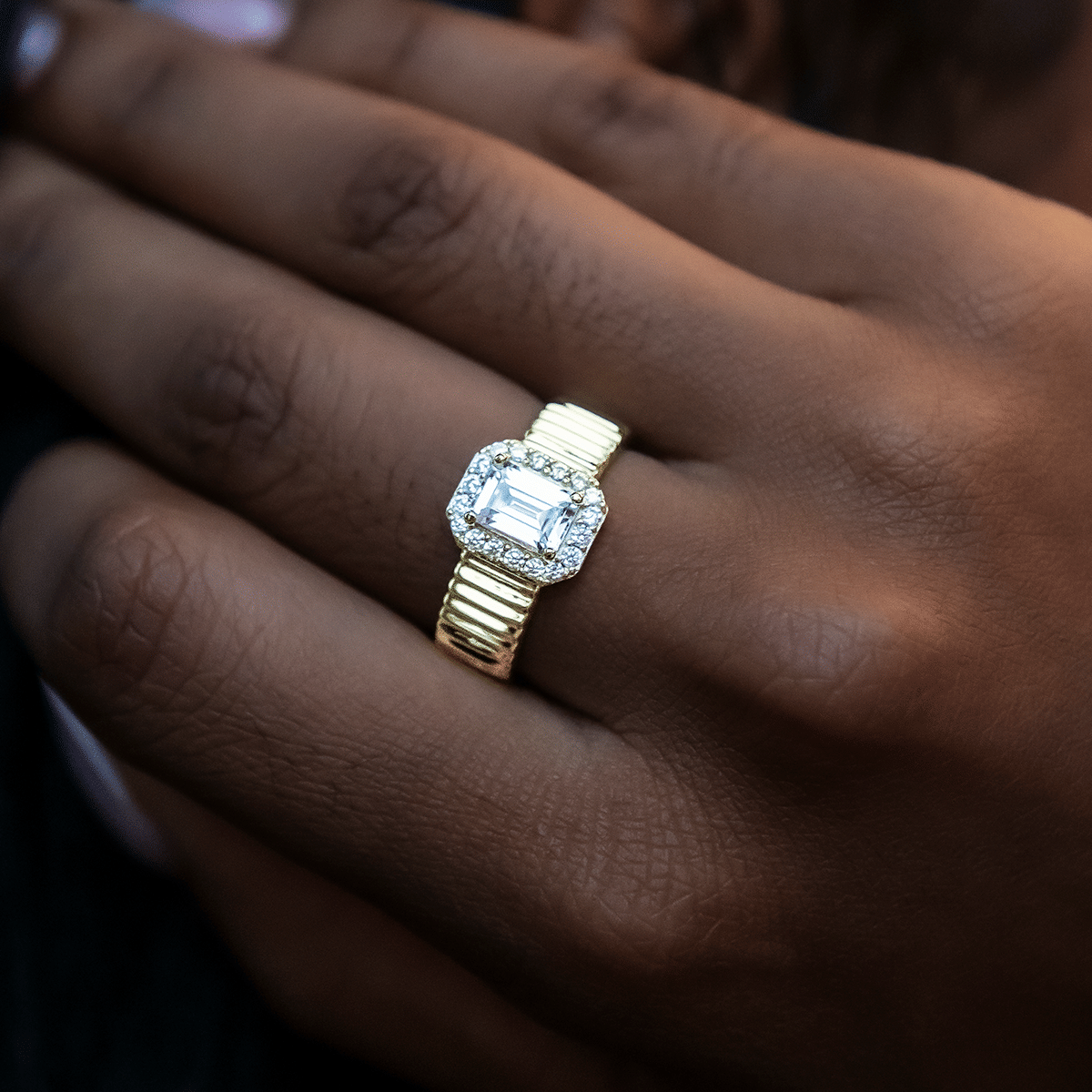 GLD Women Emerald Cut Diamond Textured Ring in Yellow Gold Vermeil