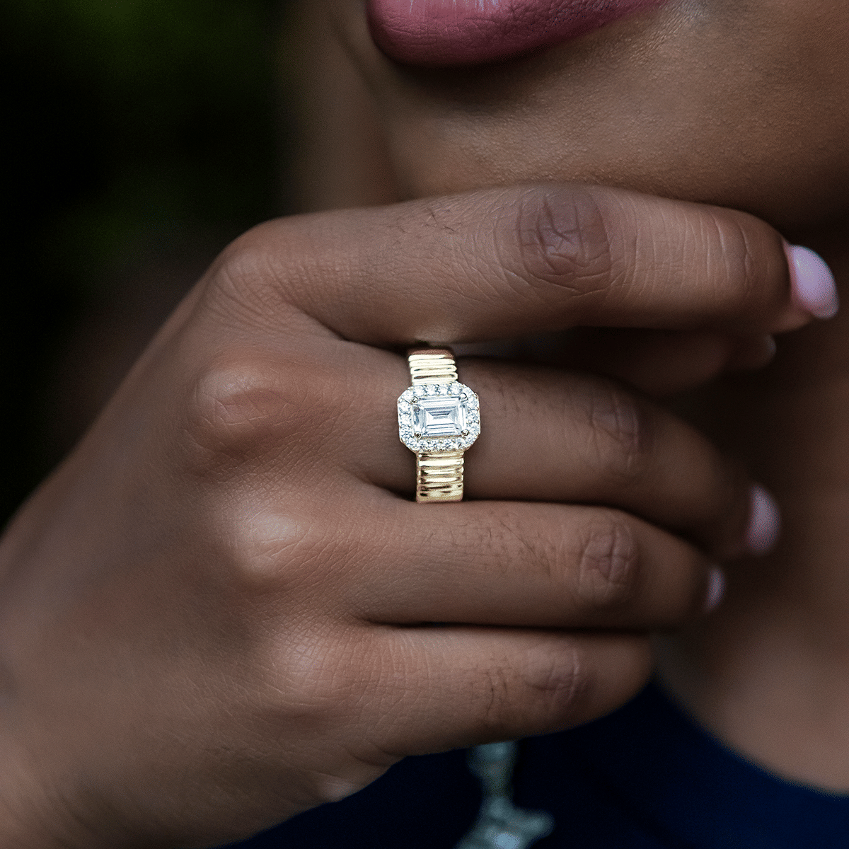 GLD Women Emerald Cut Diamond Textured Ring in Yellow Gold Vermeil