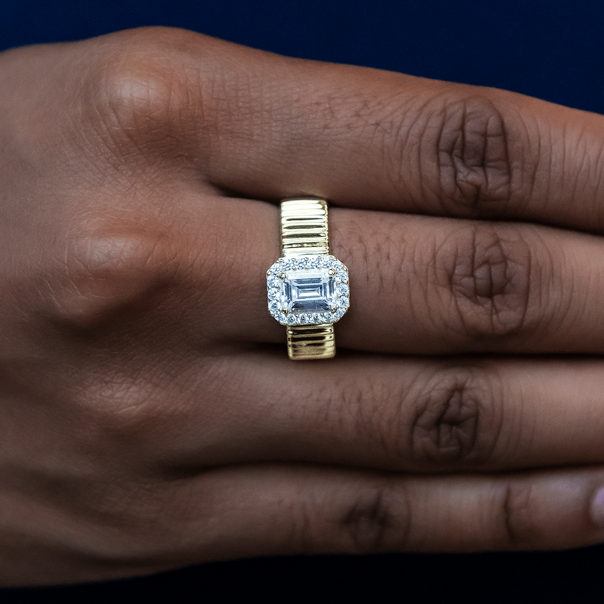 GLD Women Emerald Cut Diamond Textured Ring in Yellow Gold Vermeil