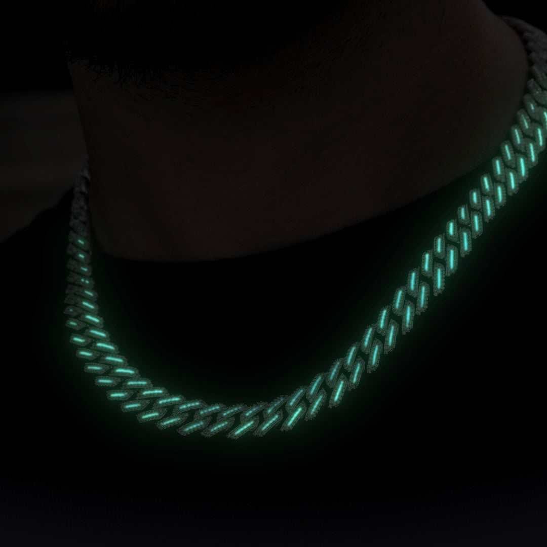 GLD Men Luminous Diamond Prong Cuban Necklace in White Gold - 12 mm