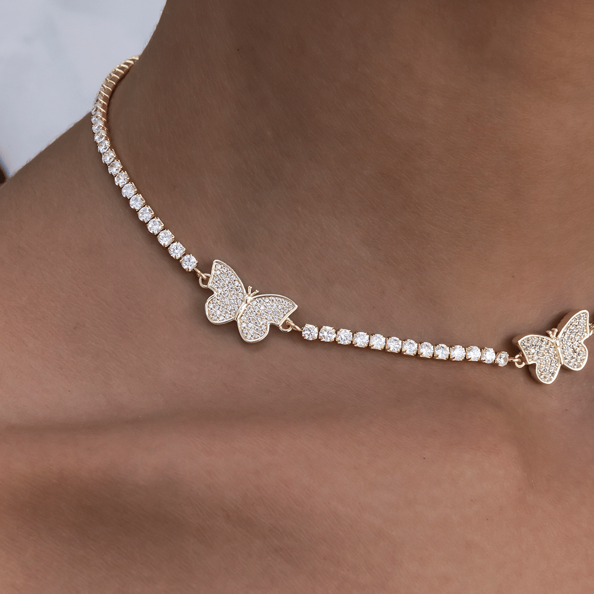 GLD Women Micro Tennis Butterfly Necklace in Yellow Gold