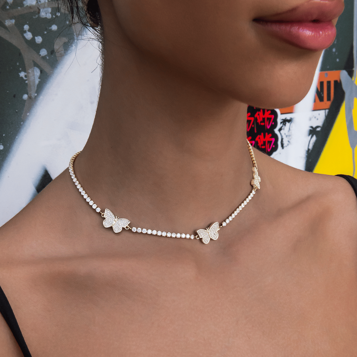 GLD Women Micro Tennis Butterfly Necklace in Yellow Gold