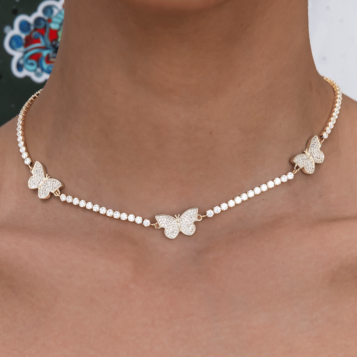 GLD Women Micro Tennis Butterfly Necklace in Yellow Gold