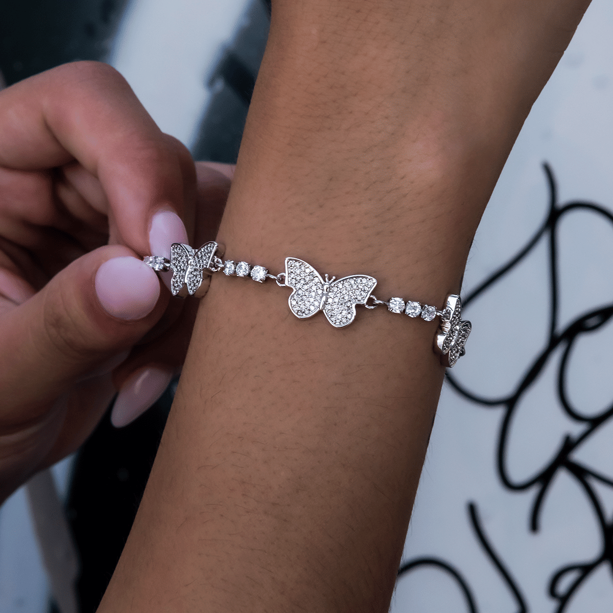 GLD Women Micro Tennis Butterfly Bracelet in White Gold