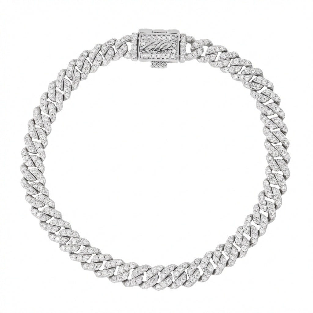 GLD Men Men's 6 mm Micro Diamond Prong Moissanite Cuban Bracelet in White Gold Vermeil