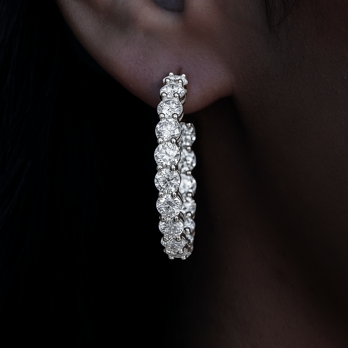 GLD Women 4 mm Moissanite Eternity Hoop Earrings in White Gold Vermeil