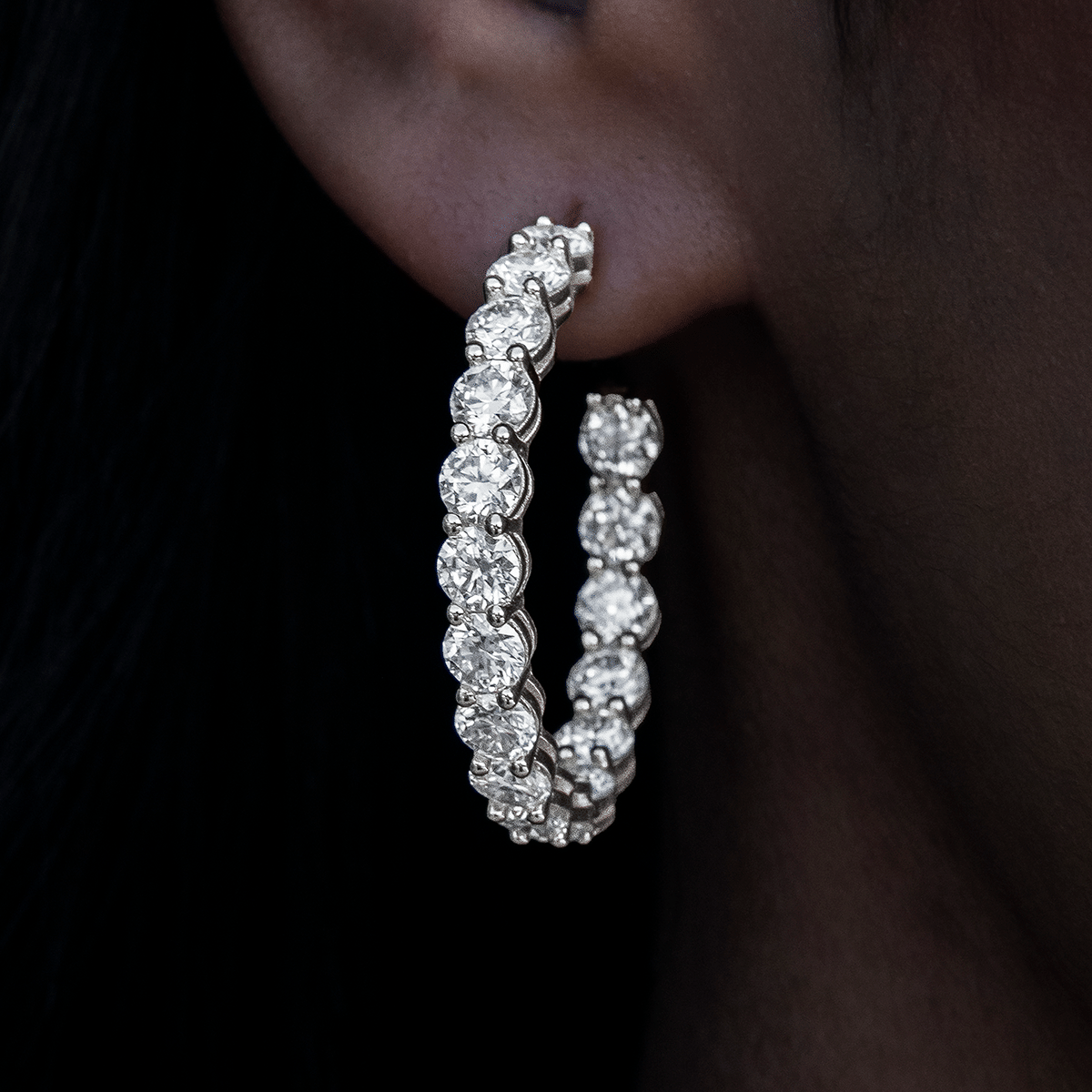 GLD Women 4 mm Moissanite Eternity Hoop Earrings in White Gold Vermeil