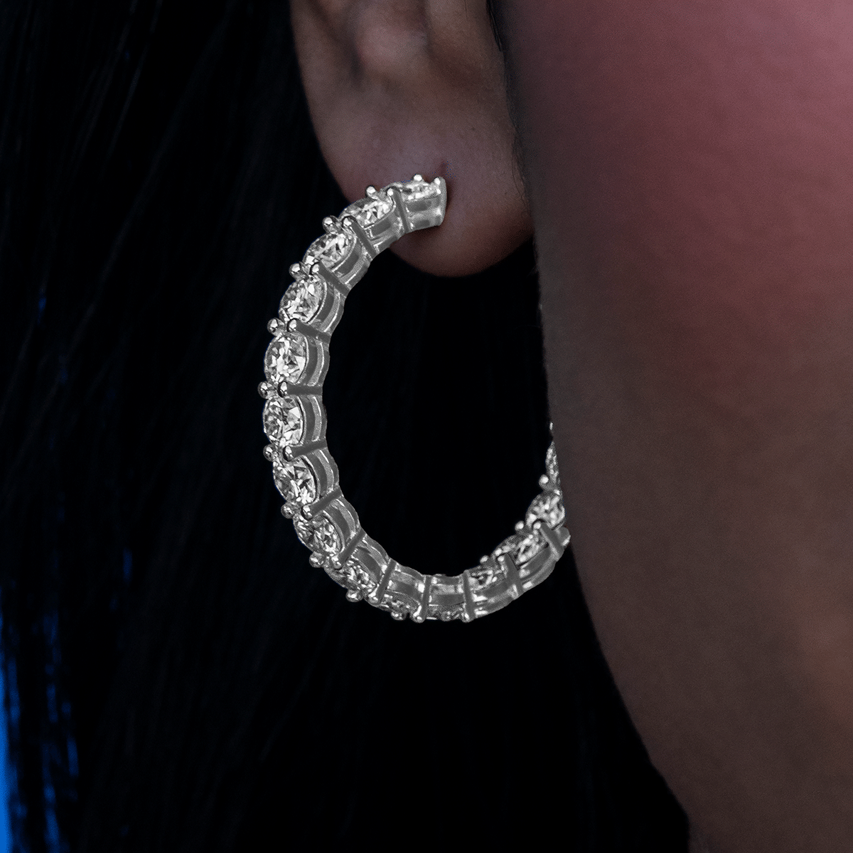 GLD Women 4 mm Moissanite Eternity Hoop Earrings in White Gold Vermeil