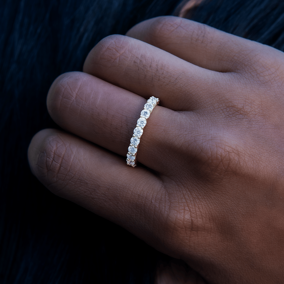 GLD Women Women's 2 mm Round Cut Moissanite Eternity Band Ring in Yellow Gold Vermeil