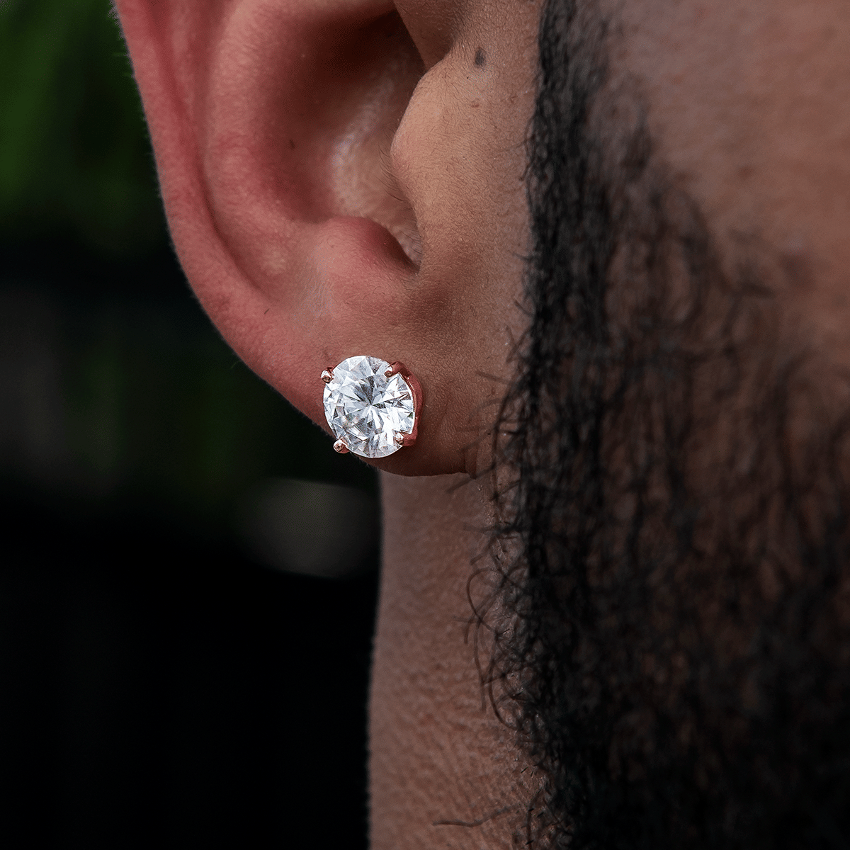 GLD Men 8 mm Round Cut Moissanite Diamond Stud Earrings in Rose Gold Vermeil