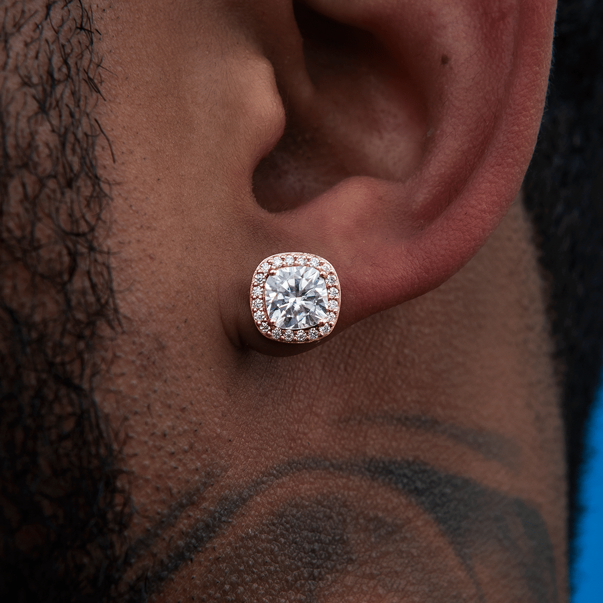 GLD Men Cushion Cut Moissanite Earrings in Rose Gold Vermeil