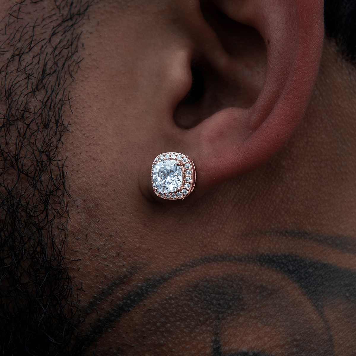 GLD Men Cushion Cut Moissanite Earrings in Rose Gold Vermeil