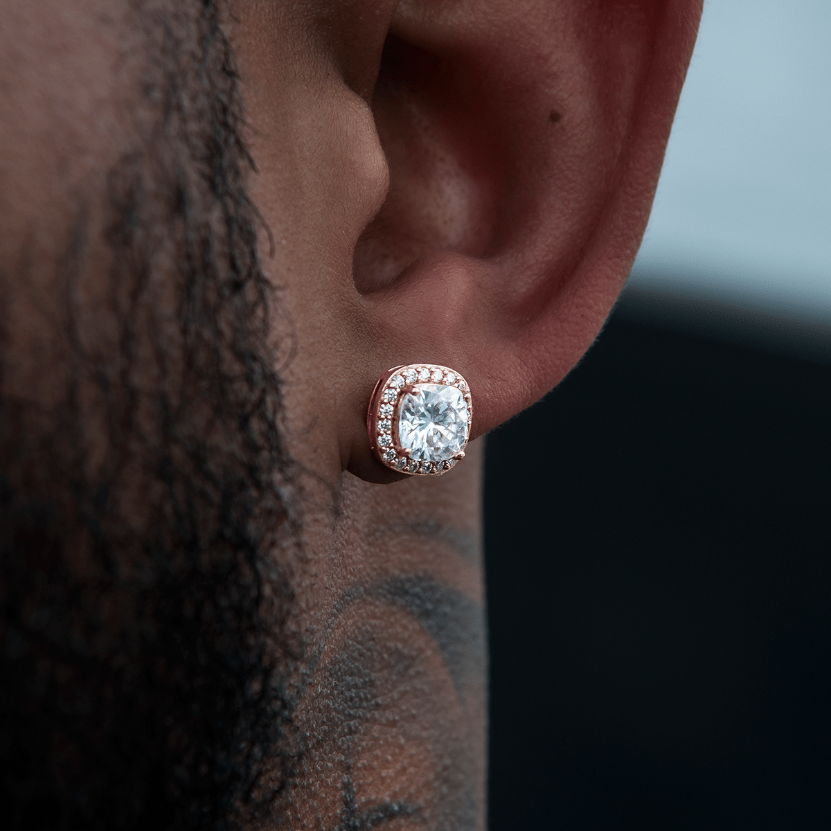 GLD Men Cushion Cut Moissanite Earrings in Rose Gold Vermeil