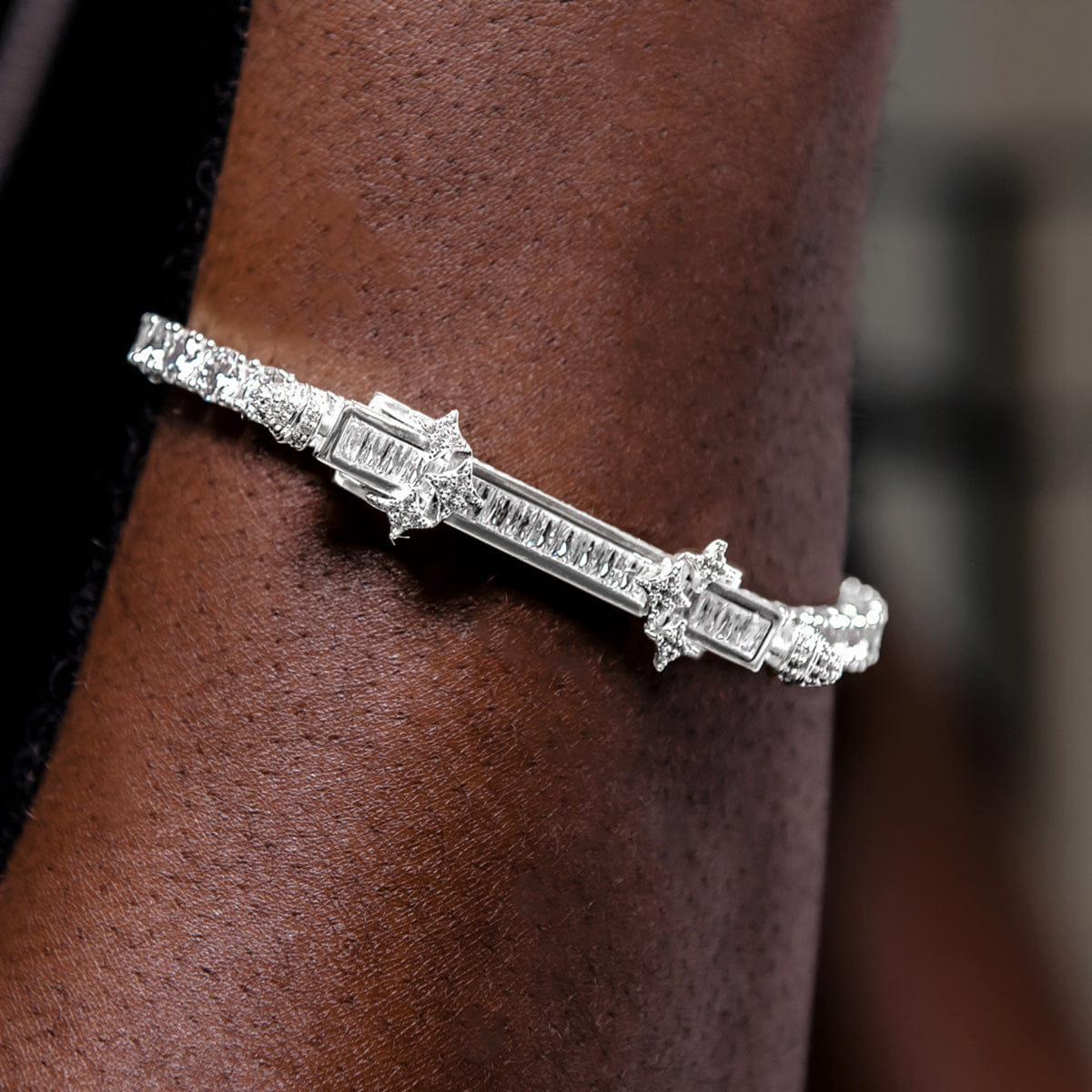 GLD PROMO Iced Baguette Bar Bracelet in White Gold