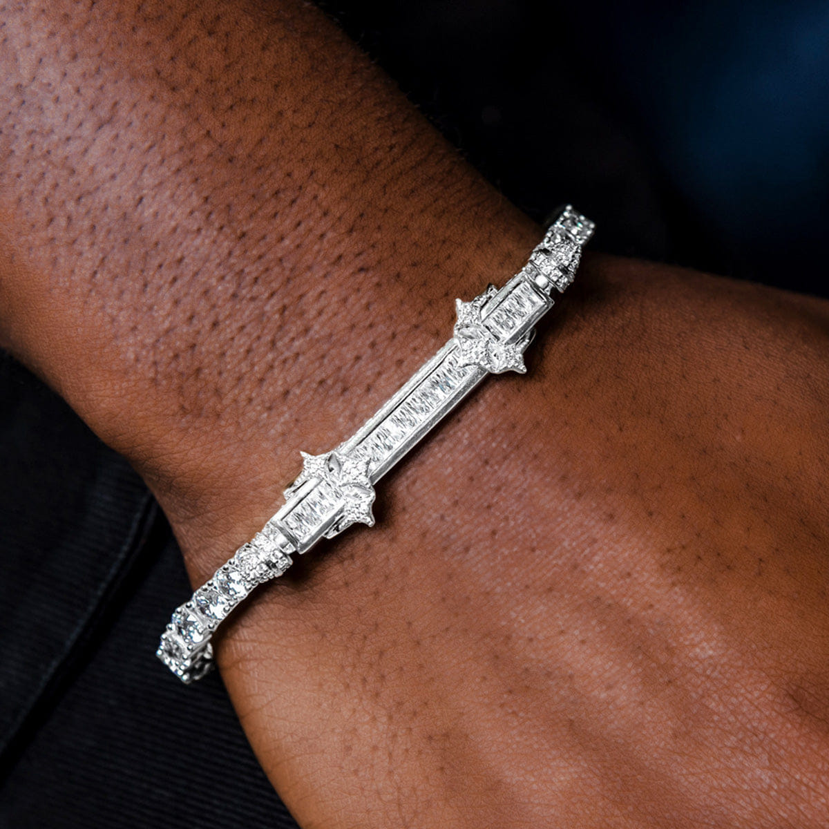 GLD PROMO Iced Baguette Bar Bracelet in White Gold