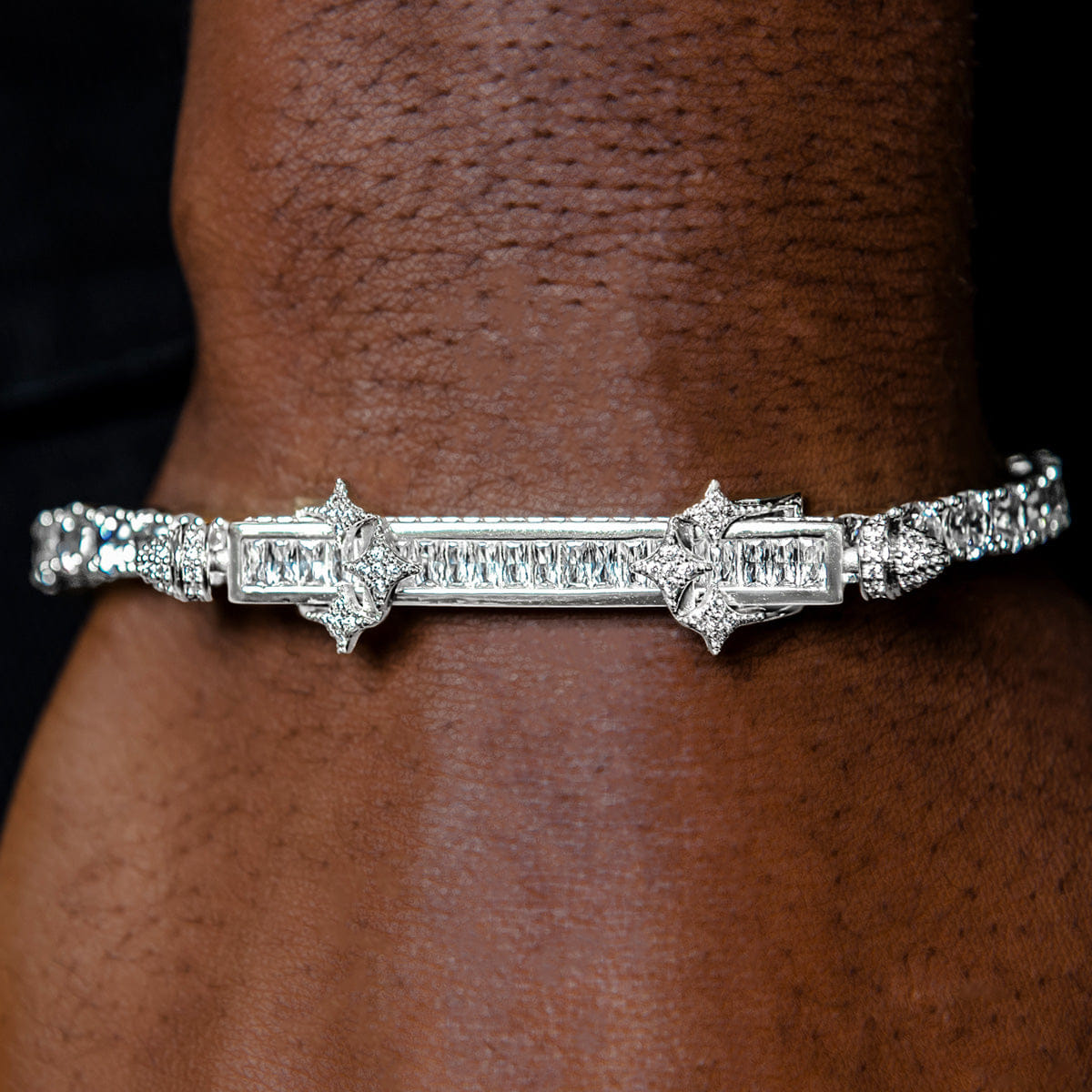 GLD PROMO Iced Baguette Bar Bracelet in White Gold