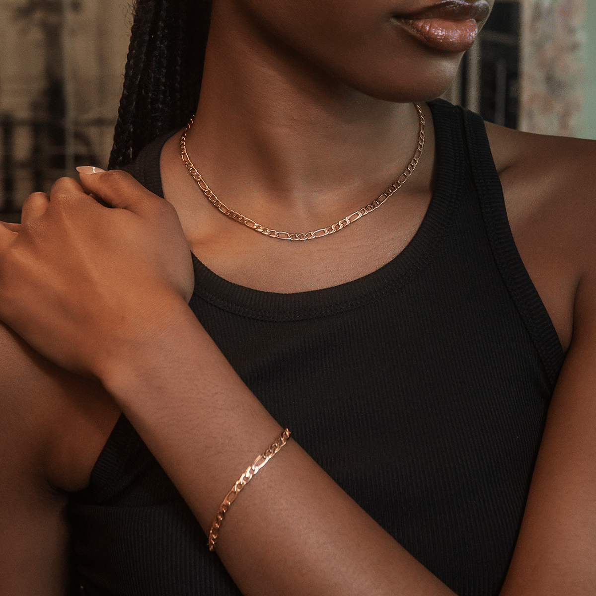 GLD PROMO - WOMEN Figaro Link Necklace in Rose Gold - 4 mm