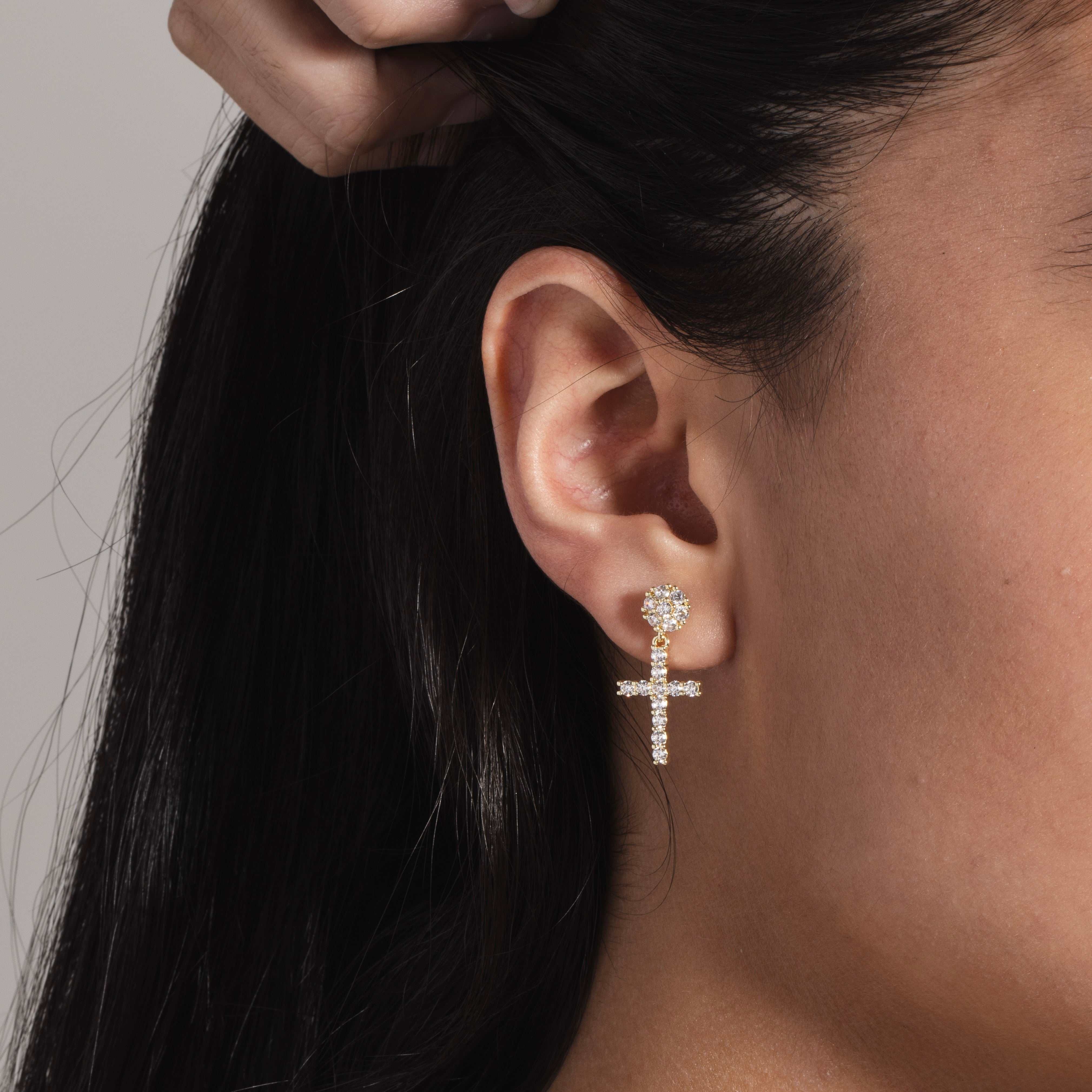 GLD PROMO Diamond Studded Cross Earrings in Yellow Gold