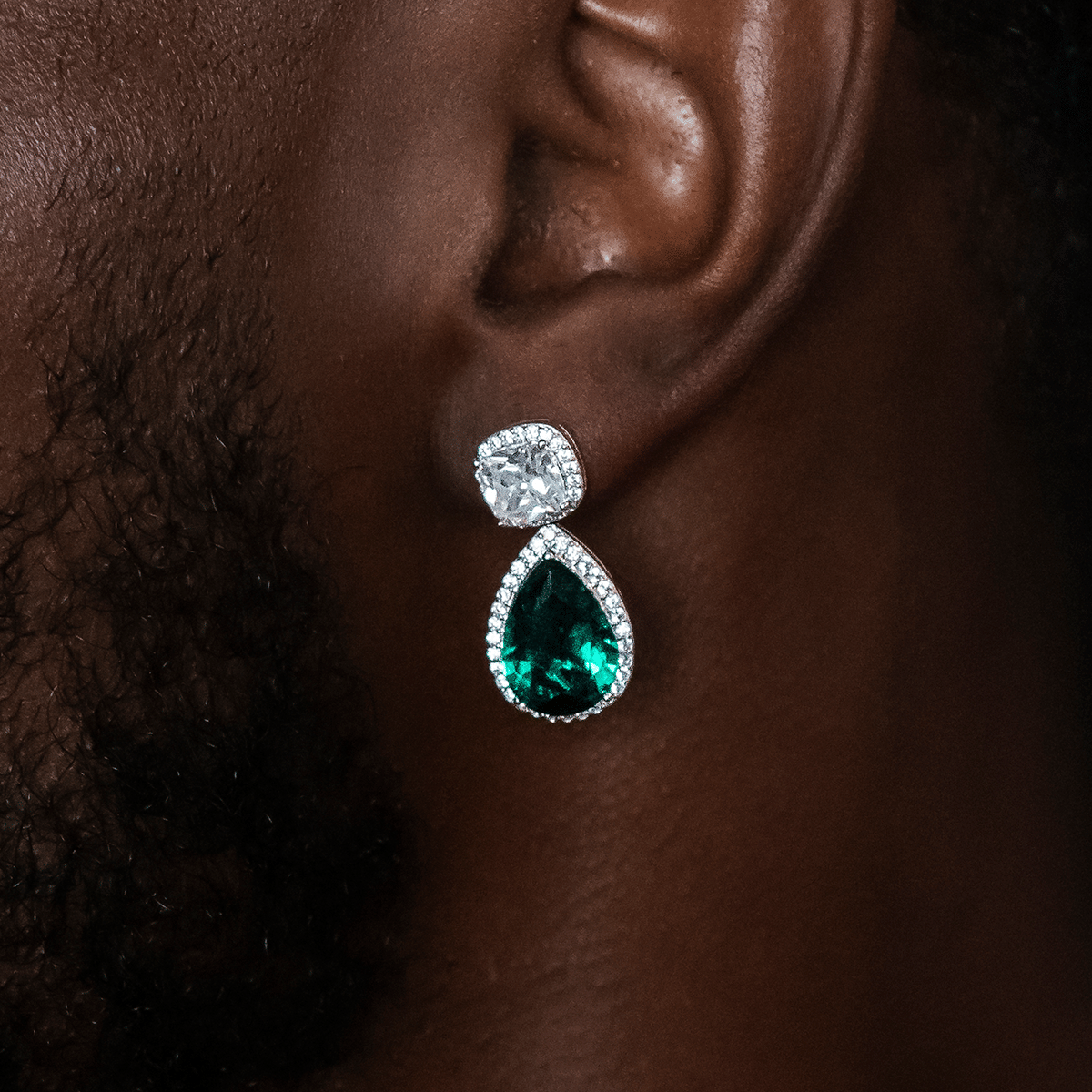 GLD PROMO Iced Emerald Cushion Cut Drop Earrings