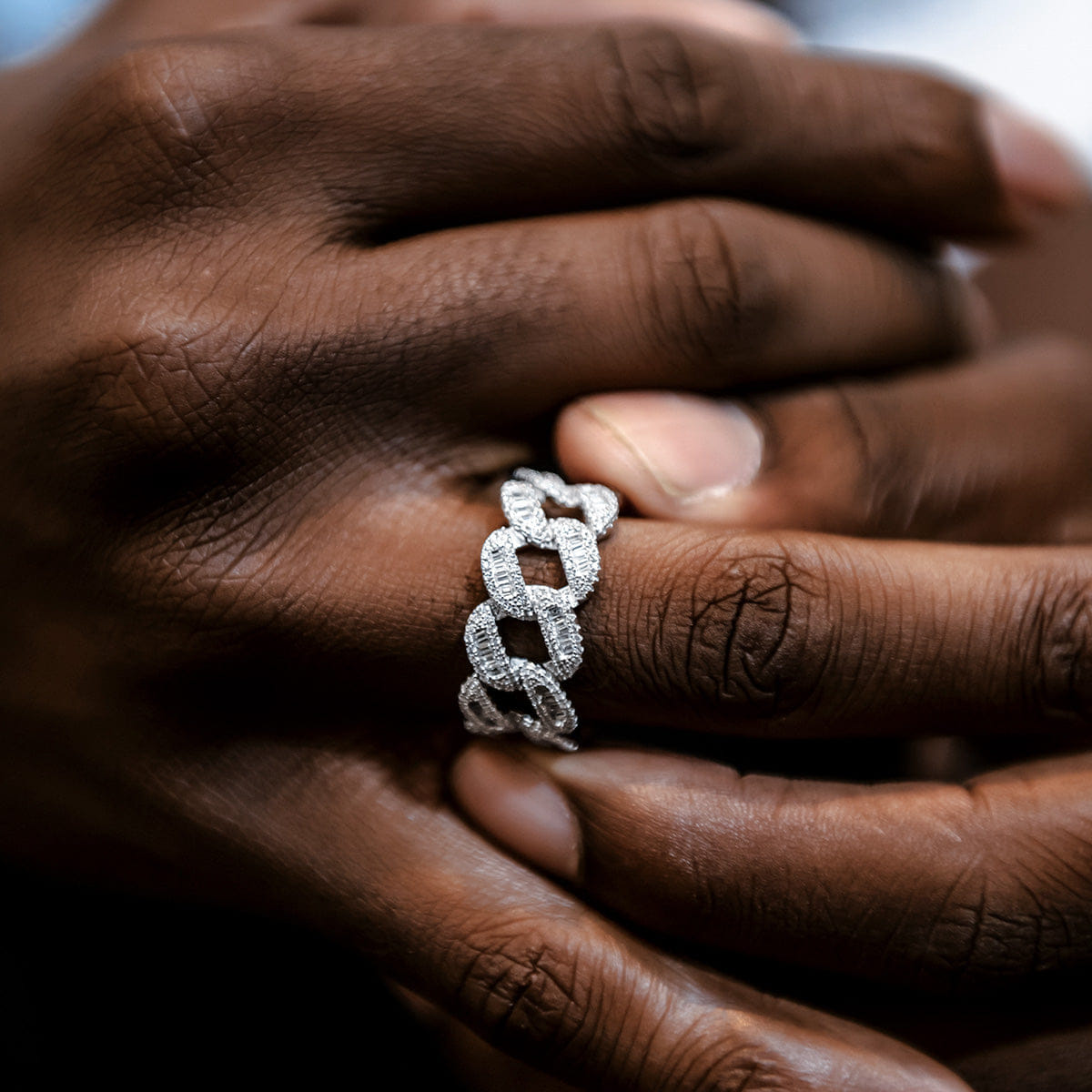 GLD PROMO Iced Baguette Cuban Ring in White Gold Vermeil