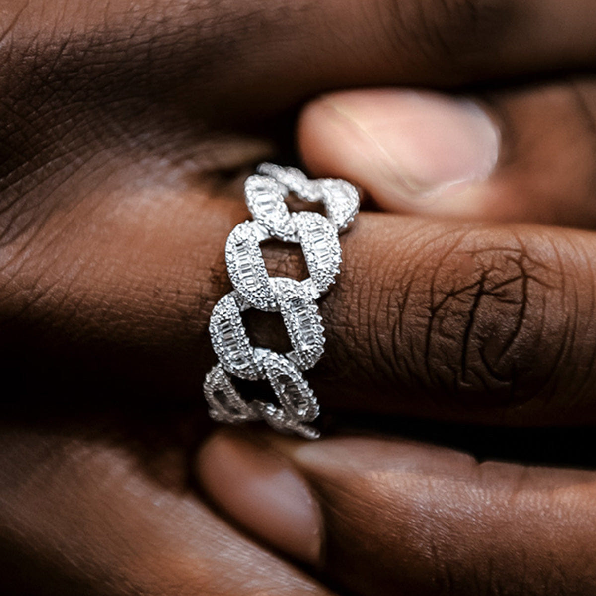 GLD PROMO Iced Baguette Cuban Ring in White Gold Vermeil