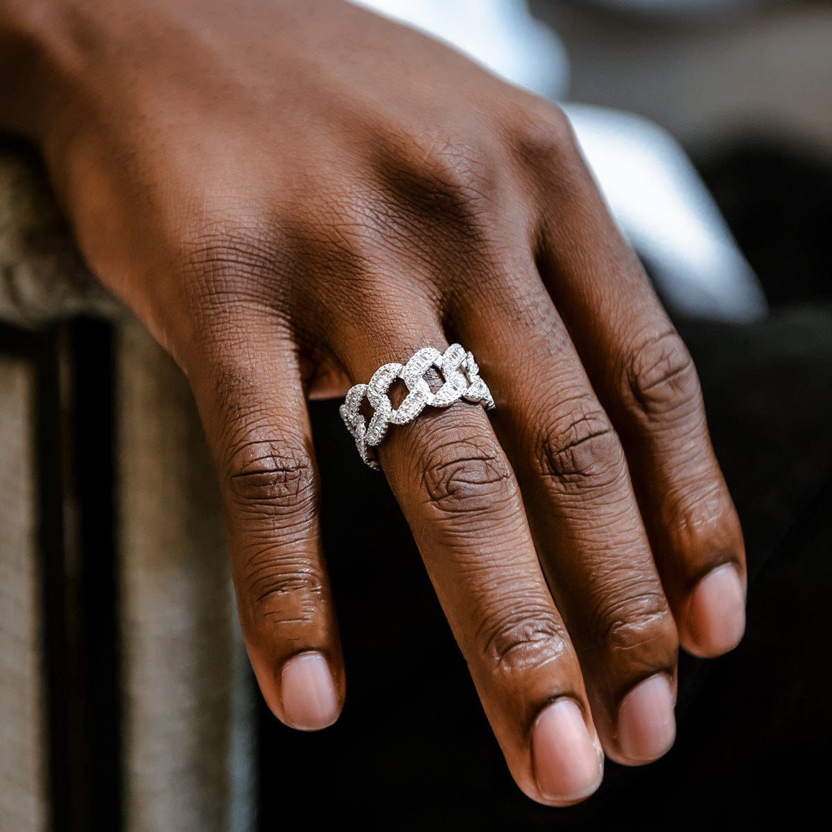 GLD PROMO Iced Baguette Cuban Ring in White Gold Vermeil