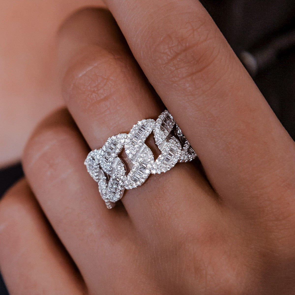 GLD PROMO Iced Baguette Cuban Ring in White Gold Vermeil