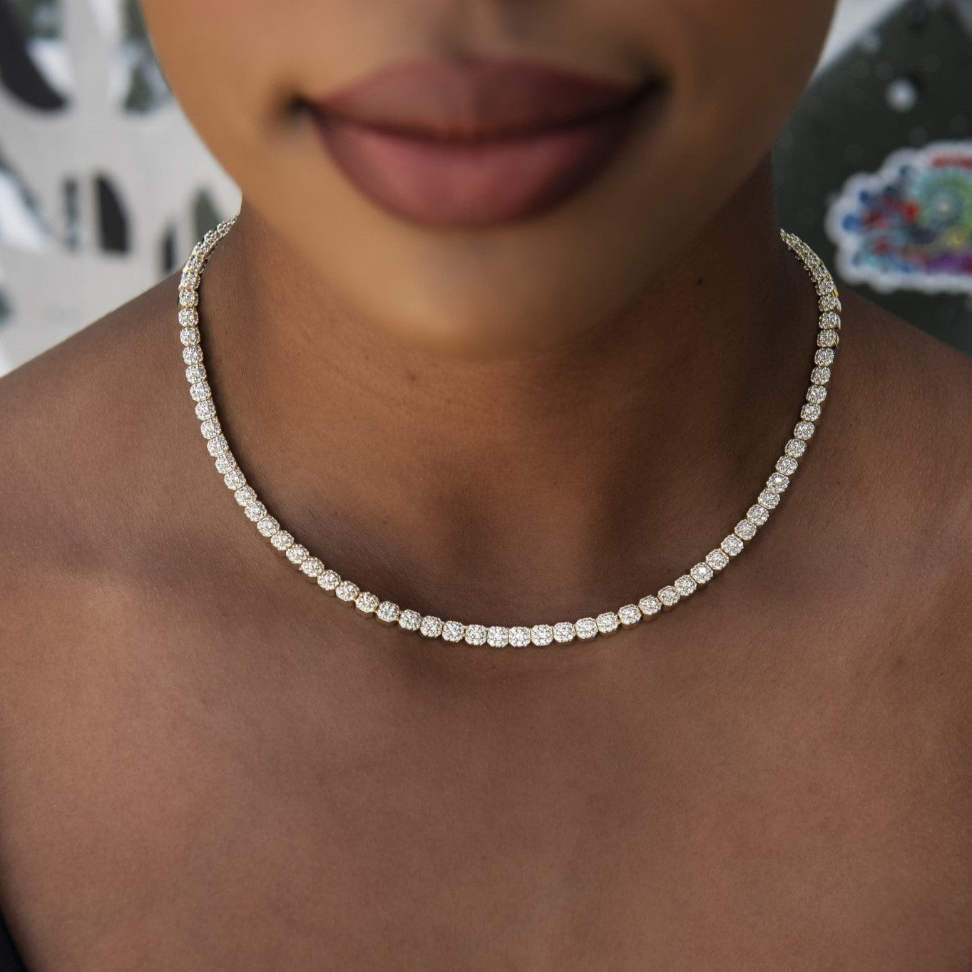 GLD Women Iced Mini Clustered Tennis Necklace in Yellow Gold