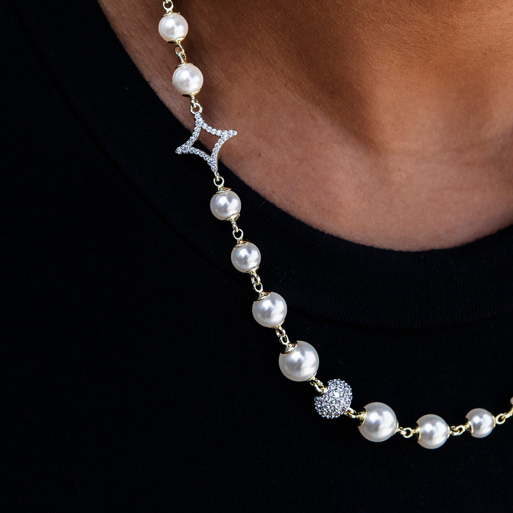 GLD Women Iced Beaded Pearl Necklace in Yellow Gold