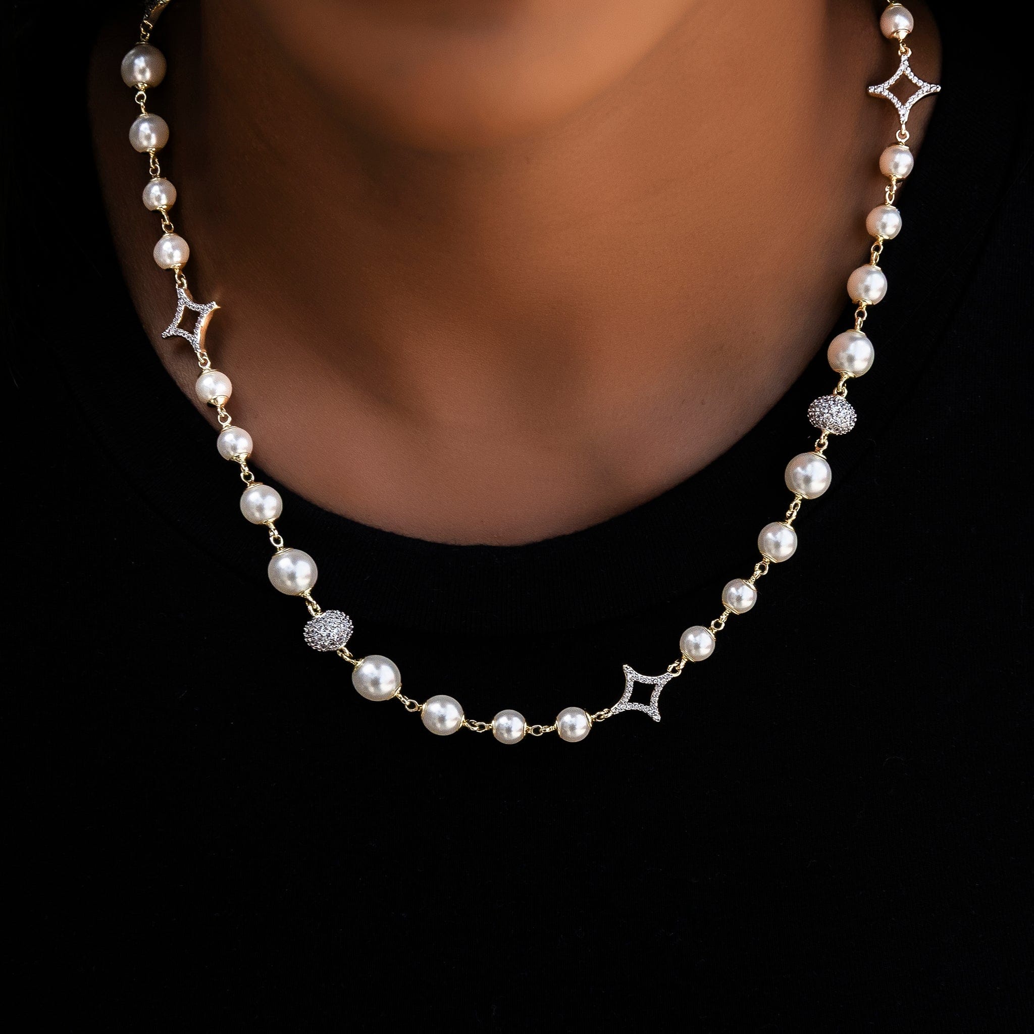 GLD Women Iced Beaded Pearl Necklace in Yellow Gold