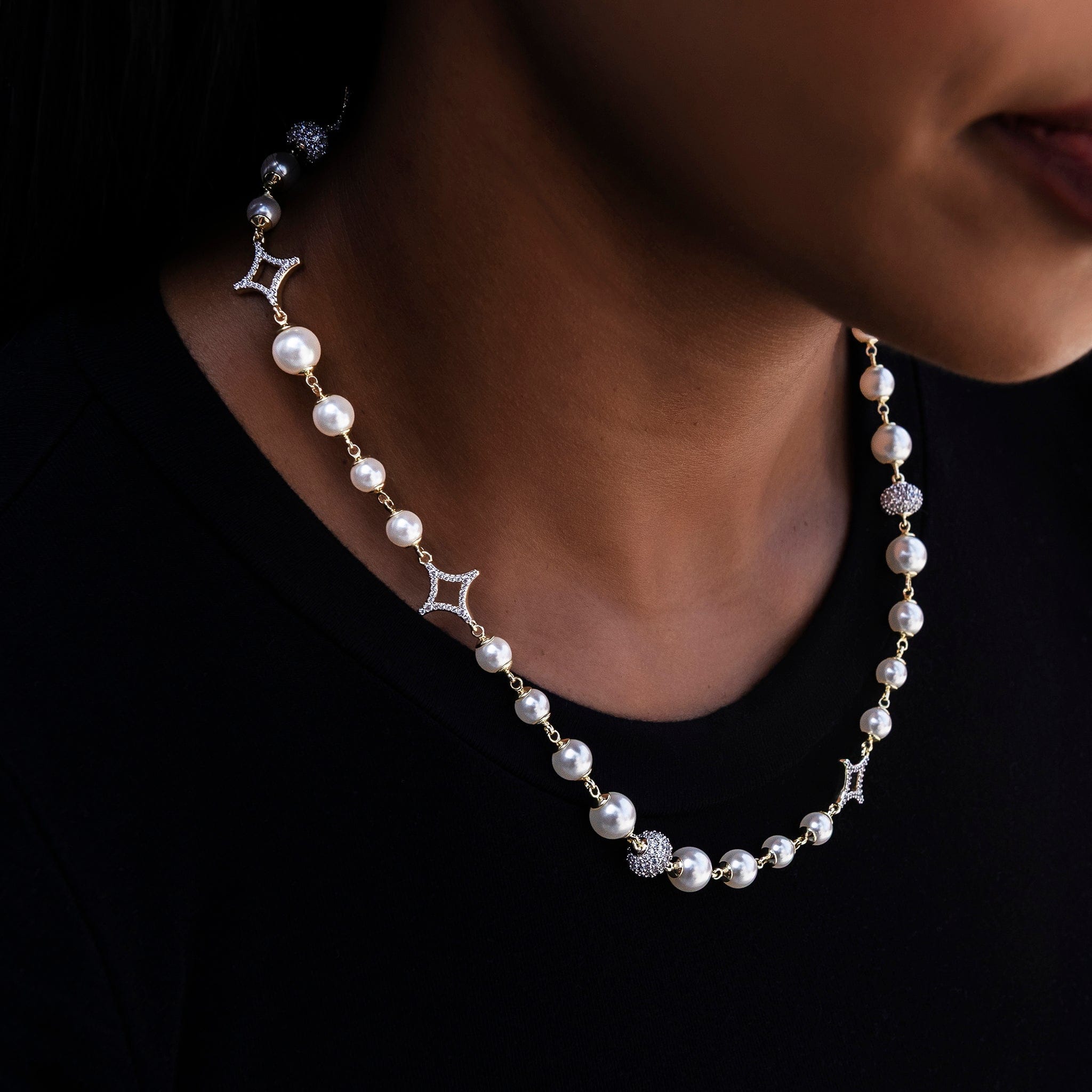 GLD Women Iced Beaded Pearl Necklace in Yellow Gold