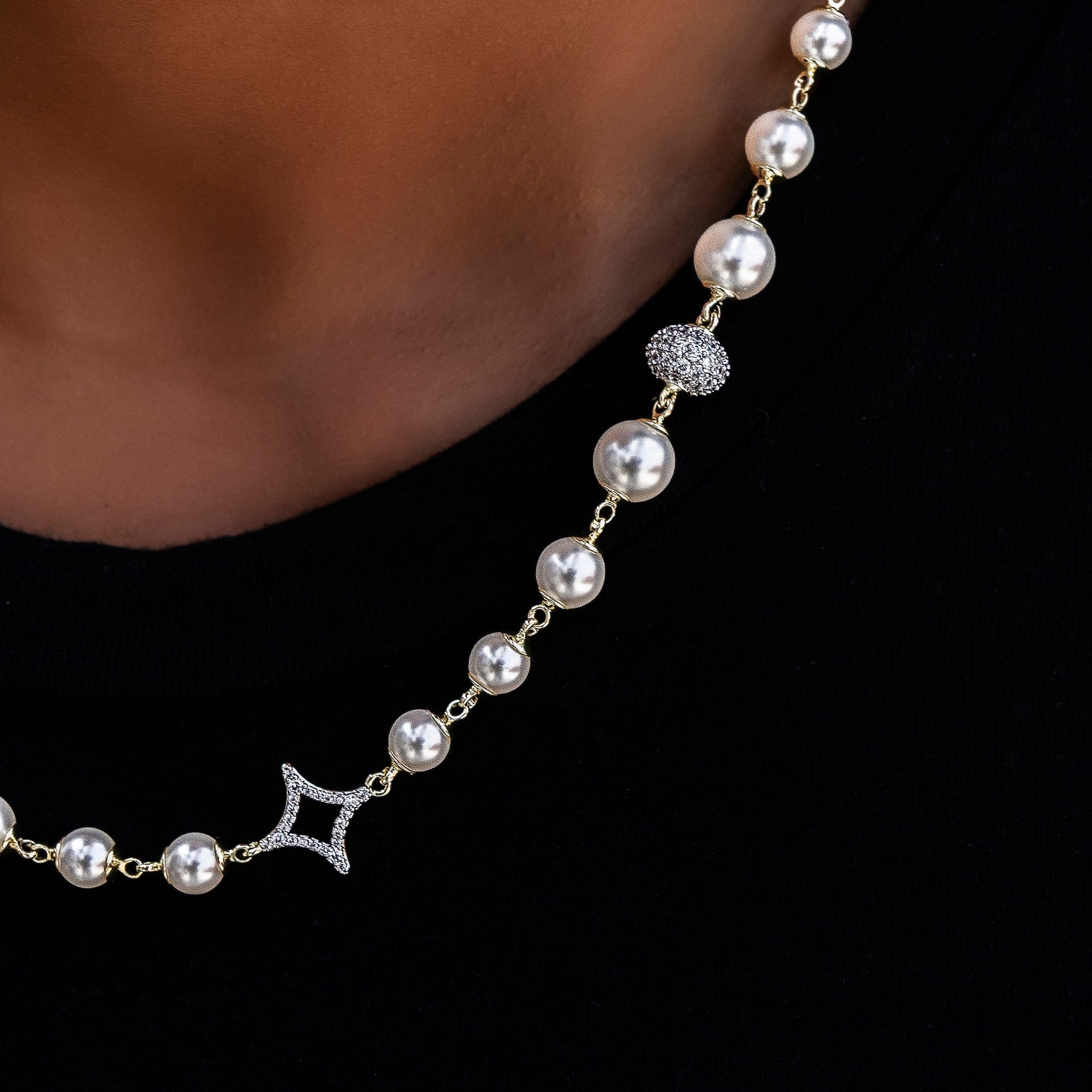 GLD Women Iced Beaded Pearl Necklace in Yellow Gold
