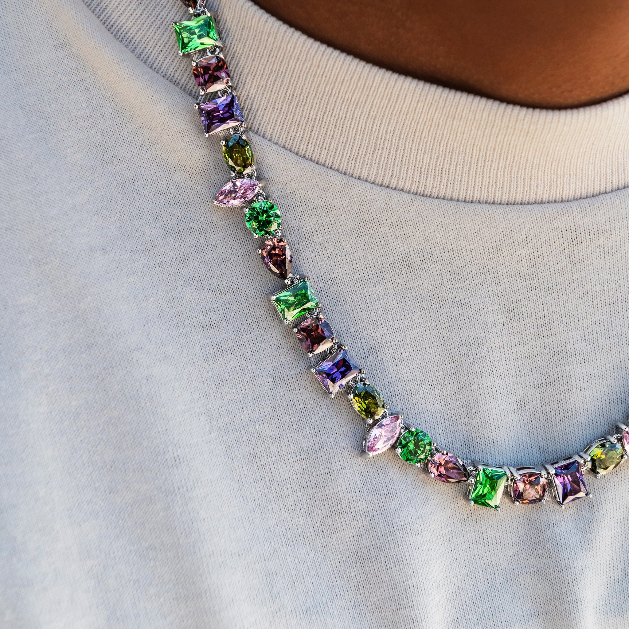 GLD Men Floating Multicolor Stone Chain in White Gold