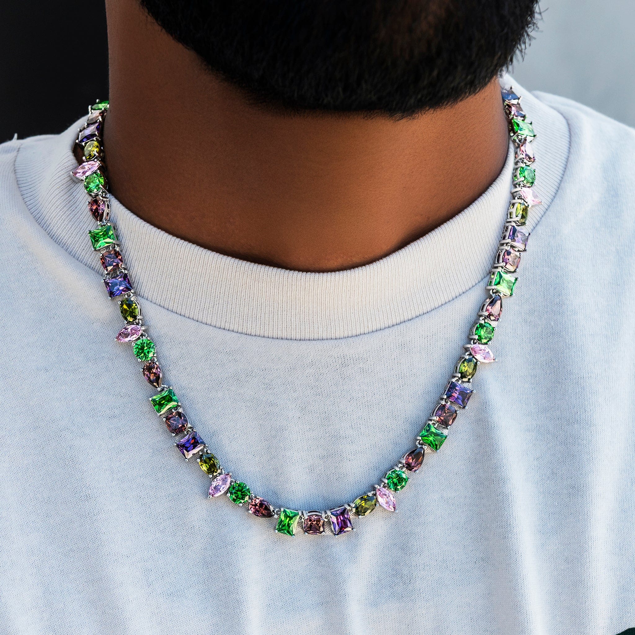 GLD Men Floating Multicolor Stone Chain in White Gold
