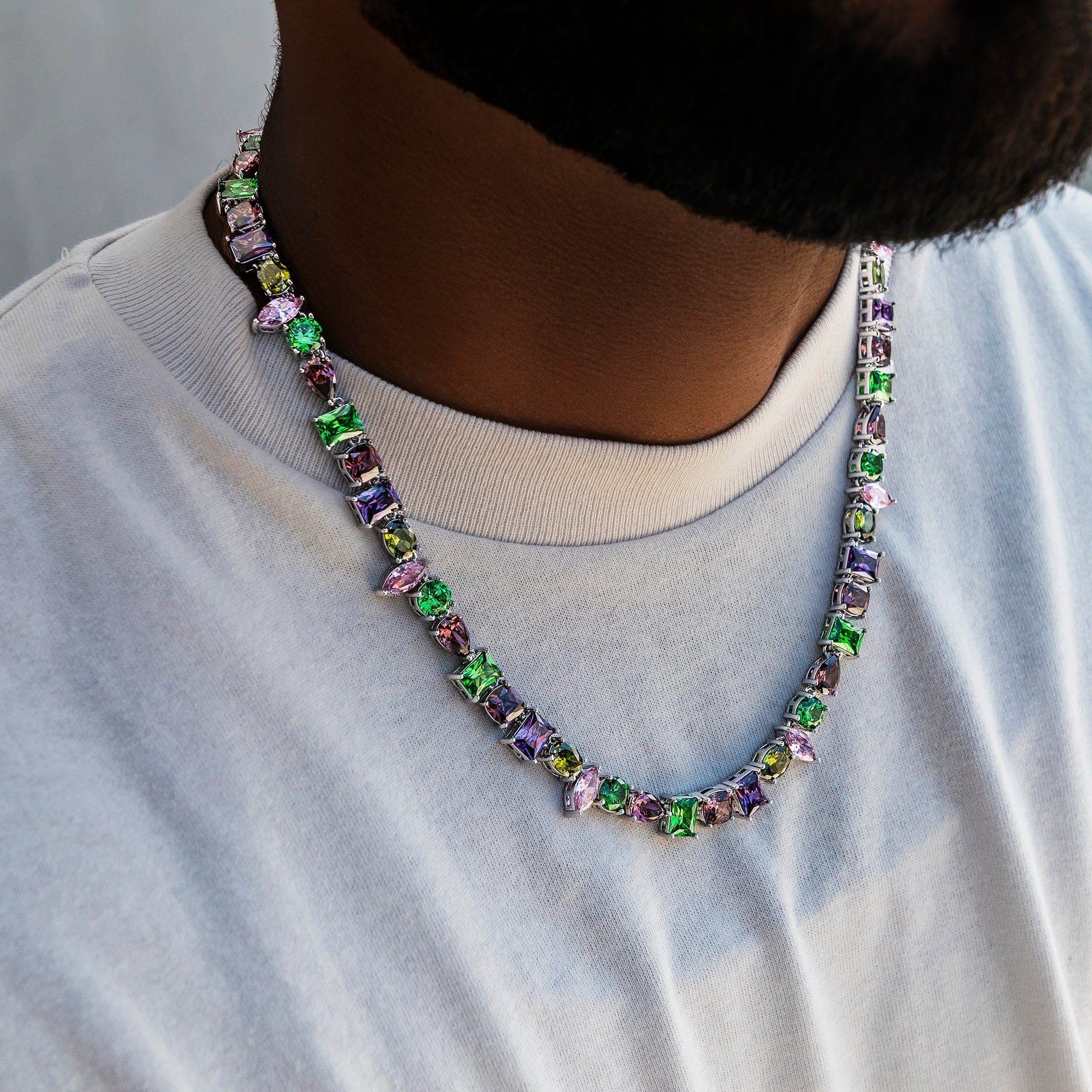 GLD Men Floating Multicolor Stone Chain in White Gold