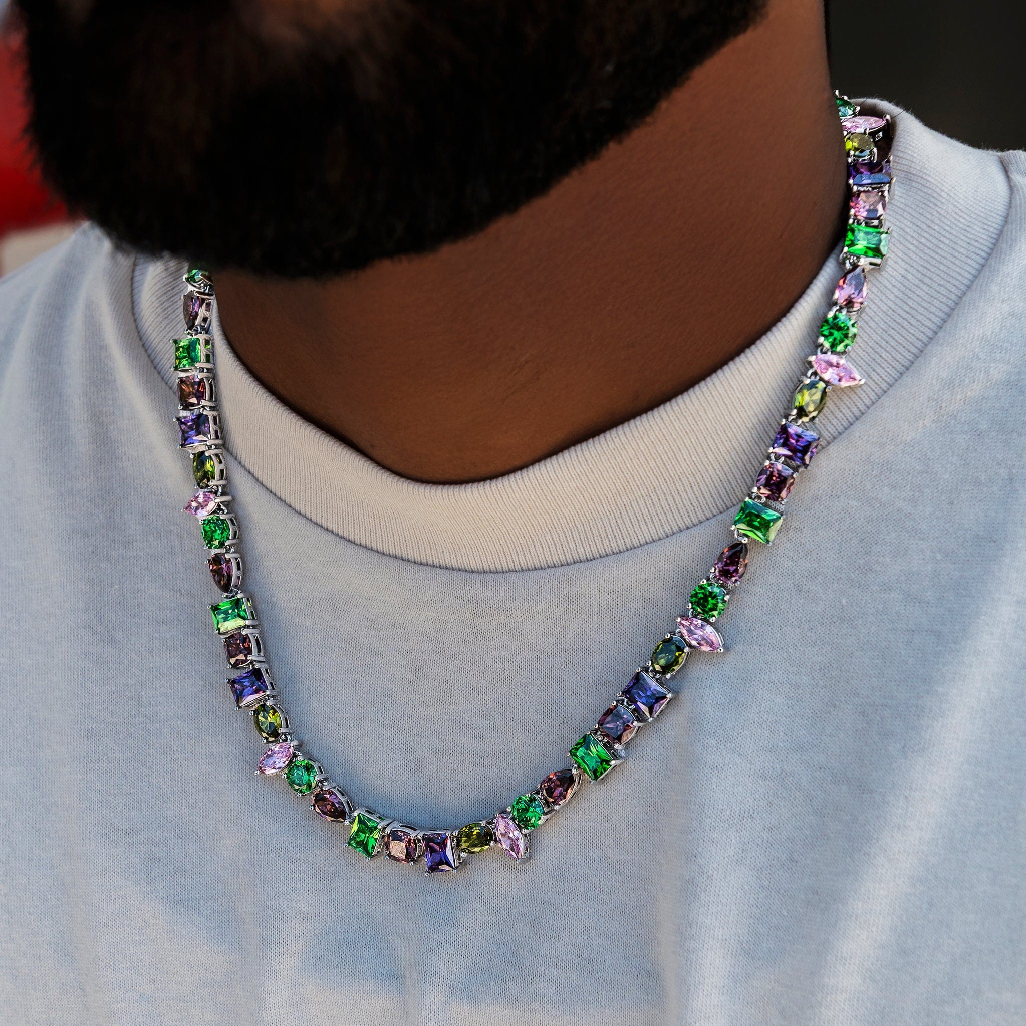GLD Men Floating Multicolor Stone Chain in White Gold