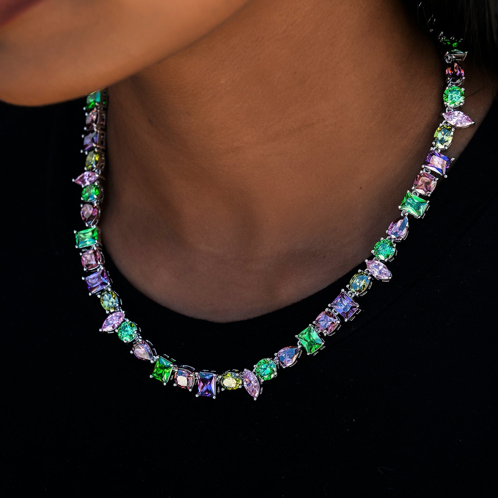 GLD Women Floating Multicolor Stone Necklace in White Gold