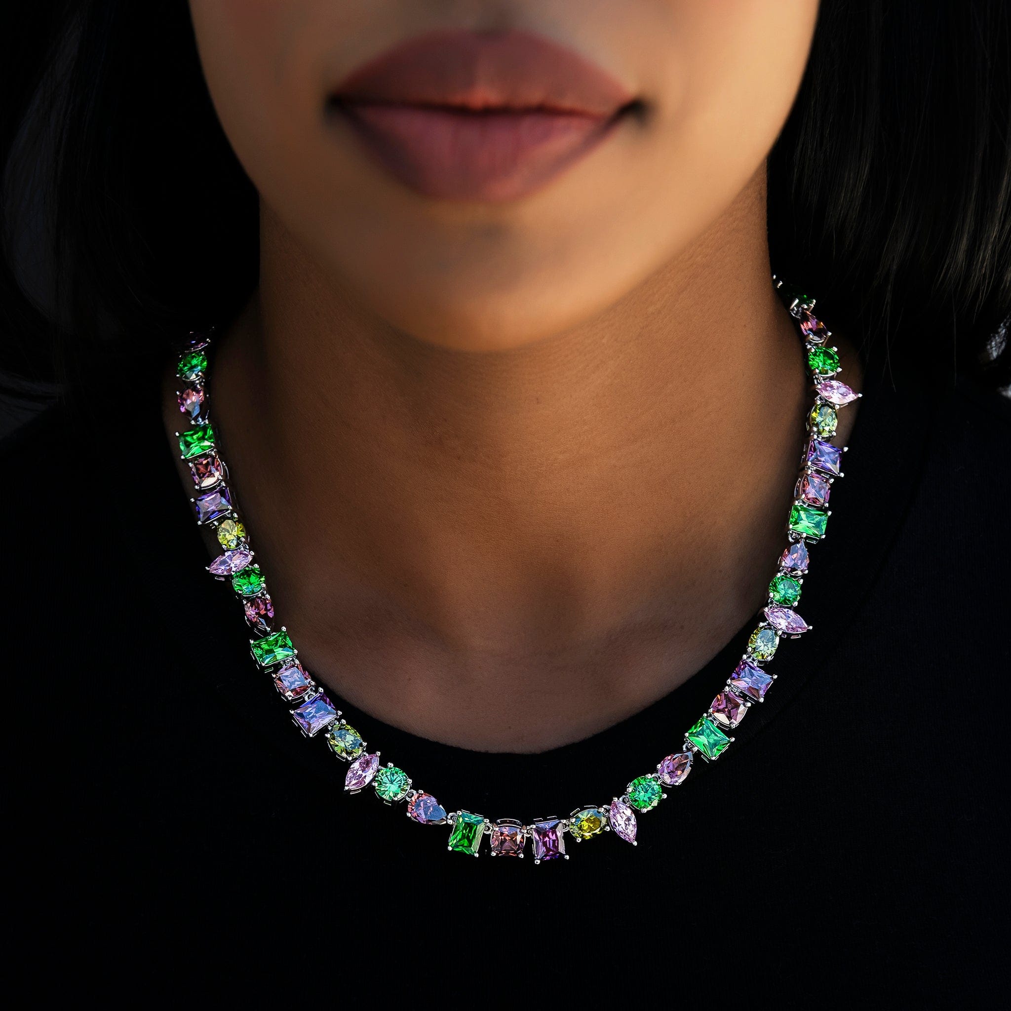 GLD Women Floating Multicolor Stone Necklace in White Gold