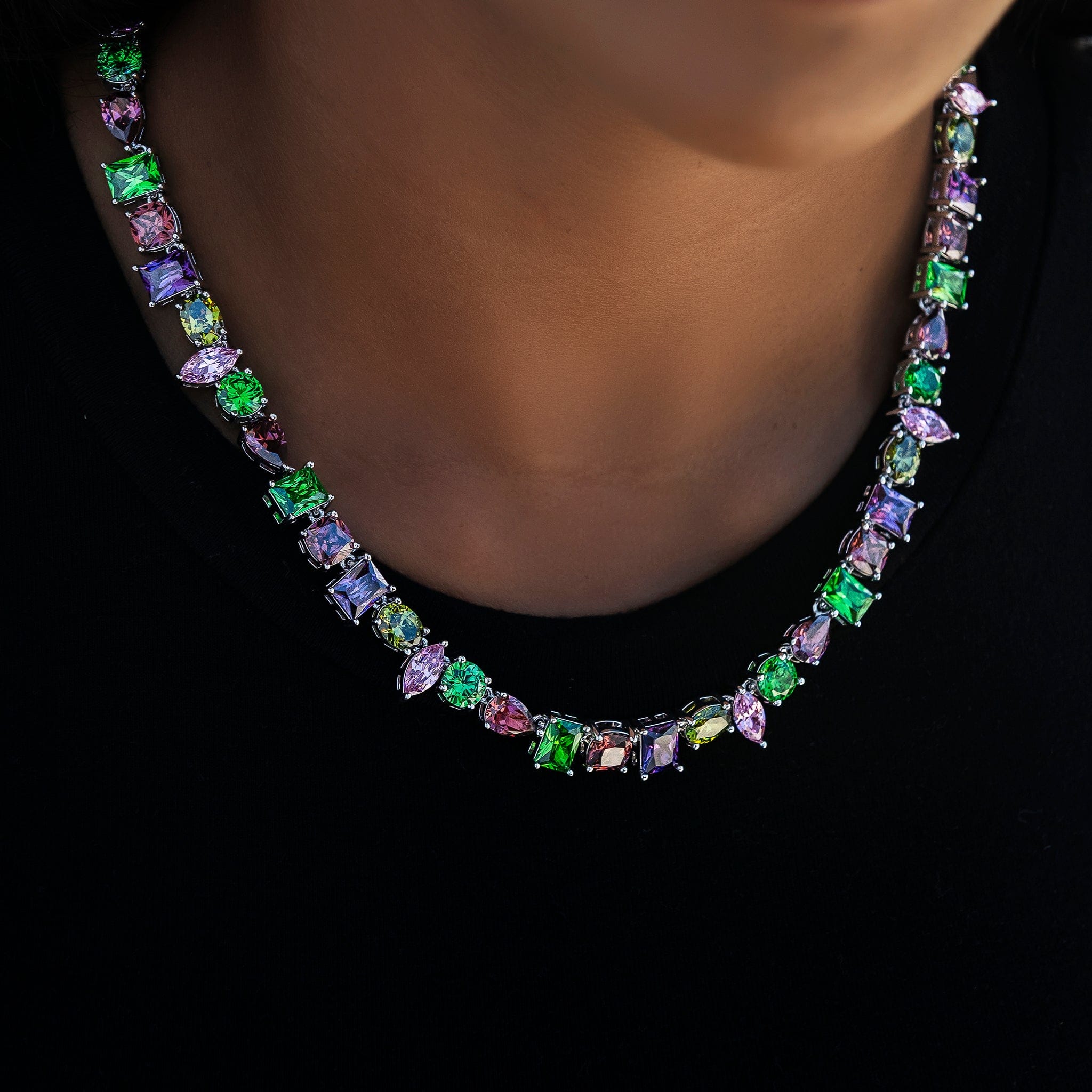GLD Women Floating Multicolor Stone Necklace in White Gold